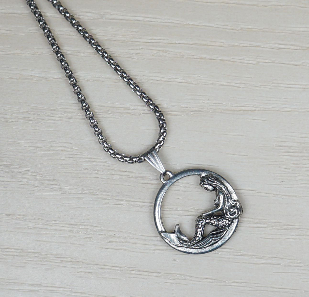 Silver High Detail Mermaid Boho Pendant, Stainless Steel Chain Necklace, Length Choices, Gift for Her