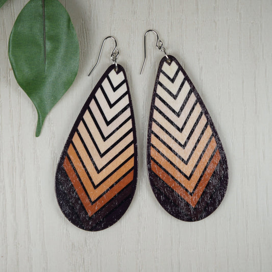 Lightweight Wood Chevron Teardrop Boho Statement Earrings, Platinum Ear Wires