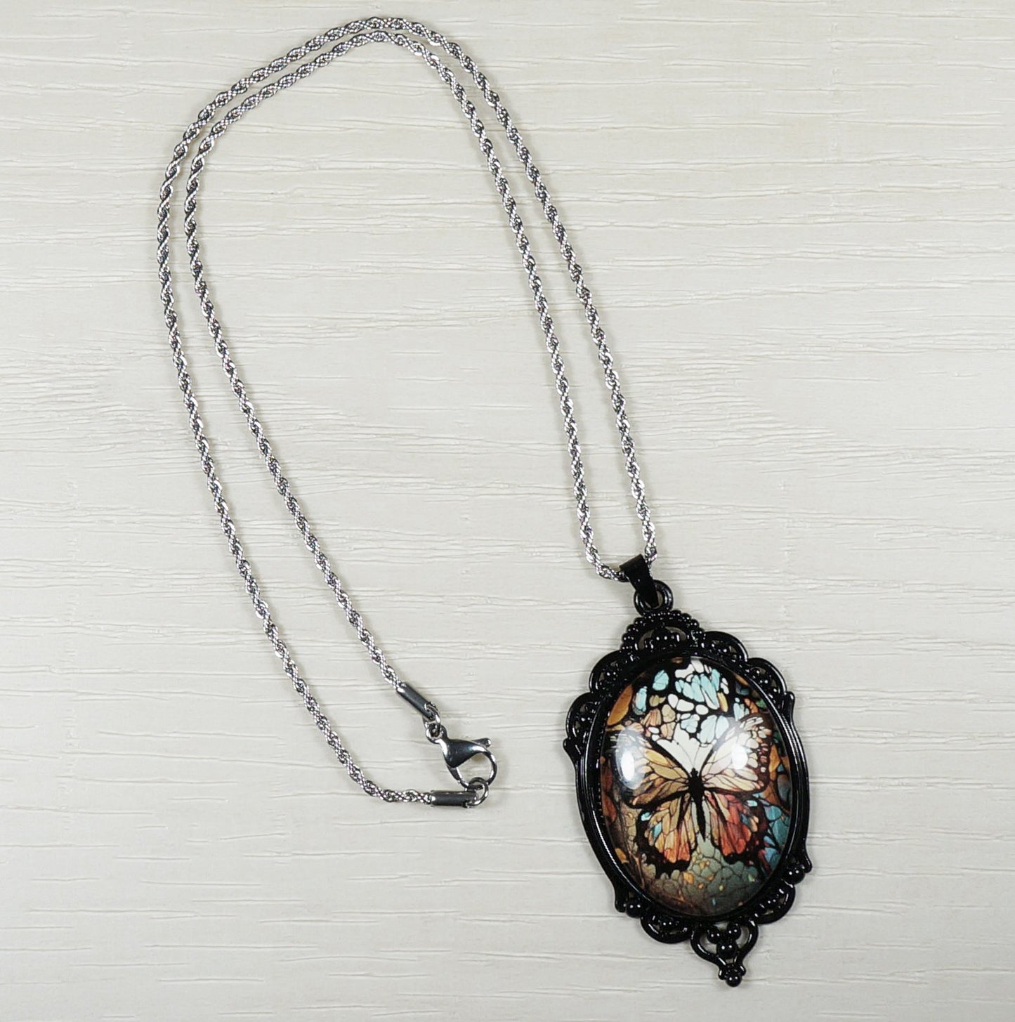 Intricate Highly Detailed Butterfly Vintage Inspired Boho Pendant, Stainless Steel Rope Chain Necklace, 20 Inch, Gift for Her