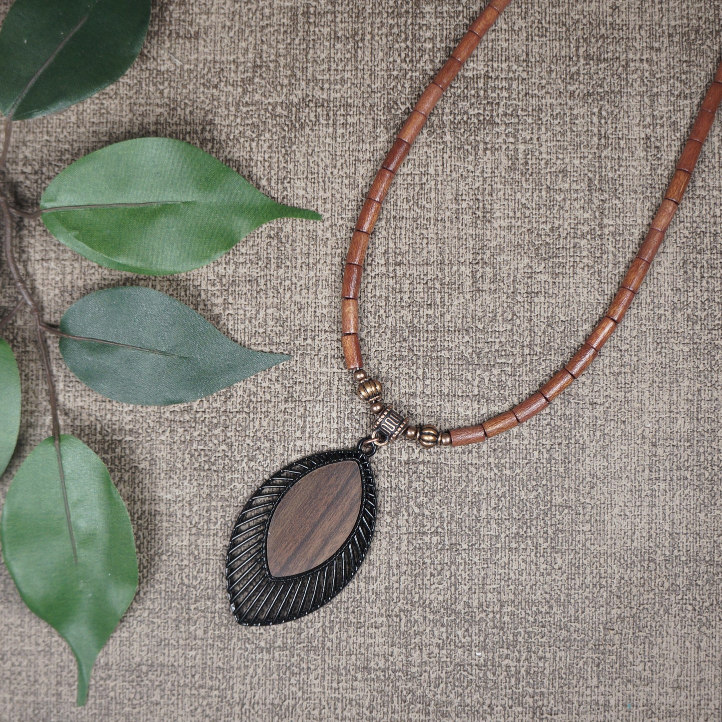 Black and Brown Pendant and Wood Beaded Boho Statement Necklace – Length Choices