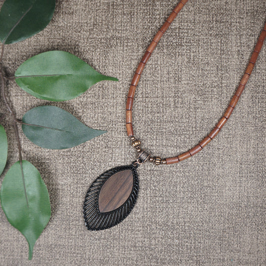 Black and Brown Pendant and Wood Beaded Boho Statement Necklace – Length Choices