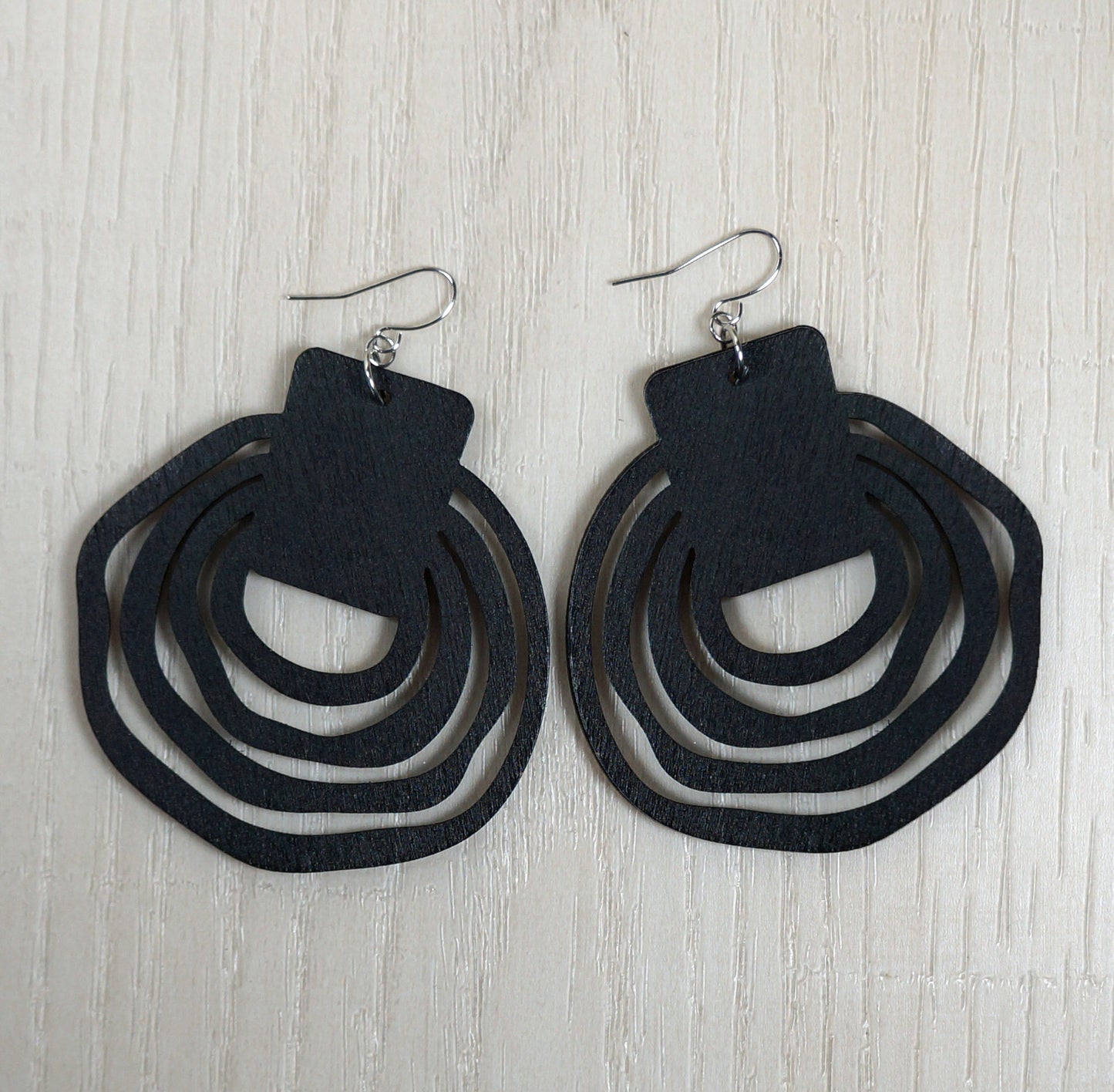 Large Irregular Shaped Black Wood Hoop Lightweight Boho Statement Earrings, Hypoallergenic Platinum Ear Wires, Gift for Her