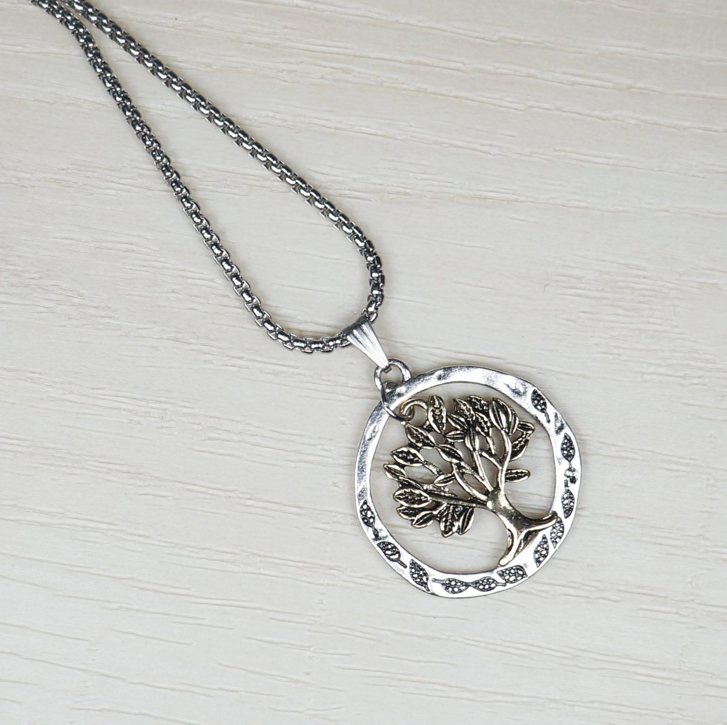 Tree of Life Gold & Silver Circle Pendant, Stainless Steel Chain Necklace, Length Choices