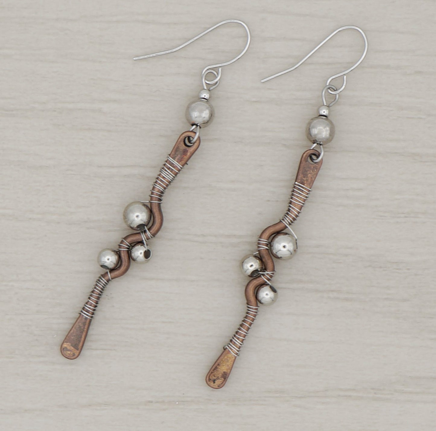 Oxidized Copper & Silver Wire Wrapped Earrings, Hypoallergenic Platinum Ear Wires, Gift for Her
