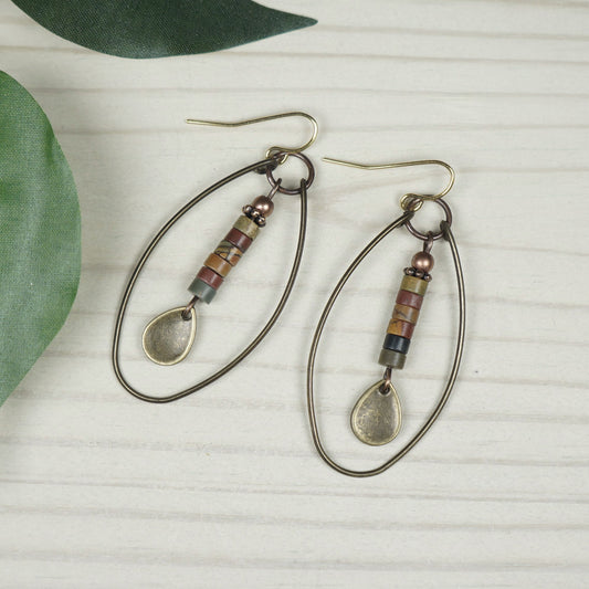 Beautiful Brass Wire Teardrop Earth Tone Jasper Gemstone Lightweight Boho Statement Earrings, 18K Gold Ear Wires