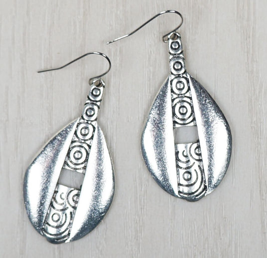 Silver Teardrops with Swirl Spirals Rustic Boho Statement Earrings, Platinum Ear Wires, Gift for Her