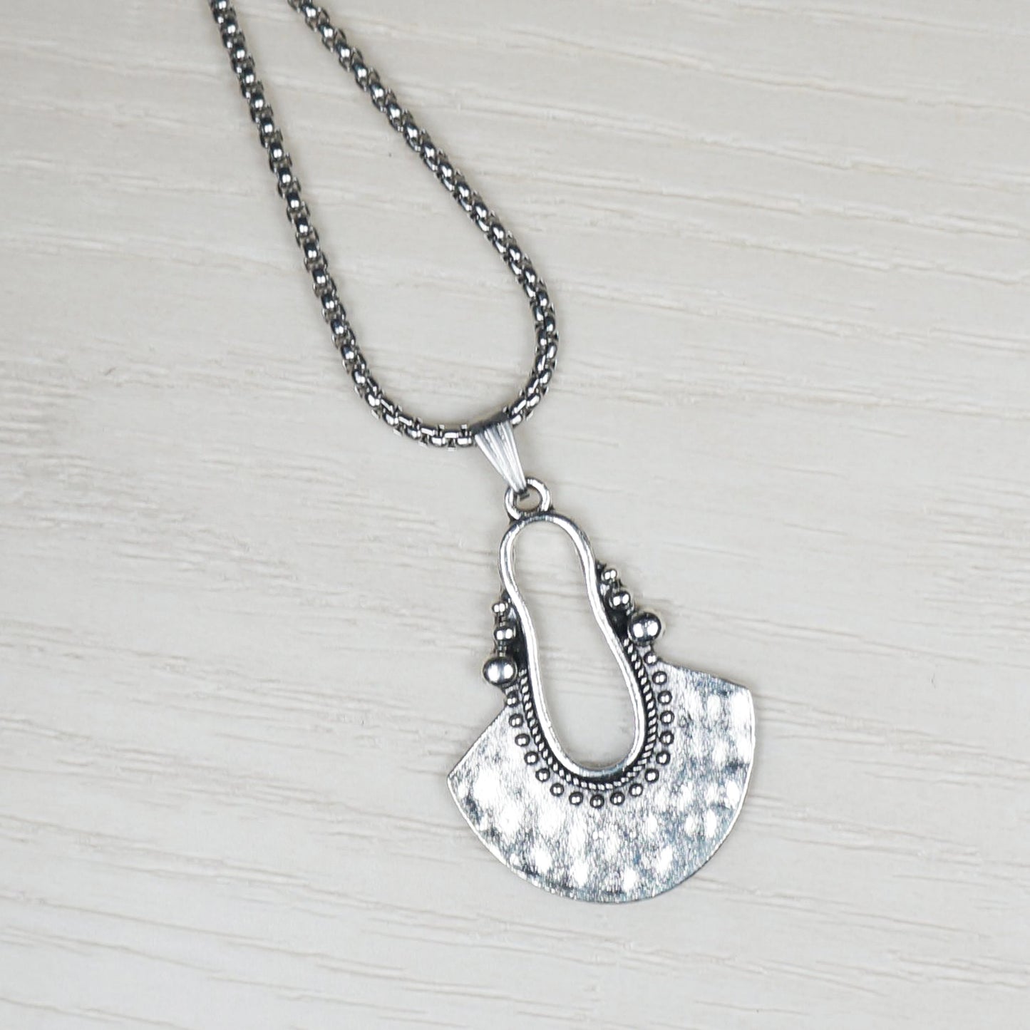 Rustic Silver Fan Shape Boho Pendant, Stainless Steel Chain Necklace, Length Choices, Gift for Her
