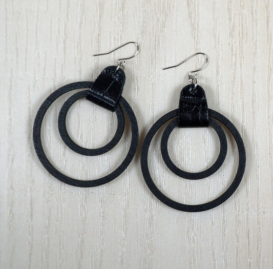 Double Wood Hoop & Vegan Leather Black Boho Statement Earrings, Hypoallergenic Platinum Ear Wires, Gift for Her