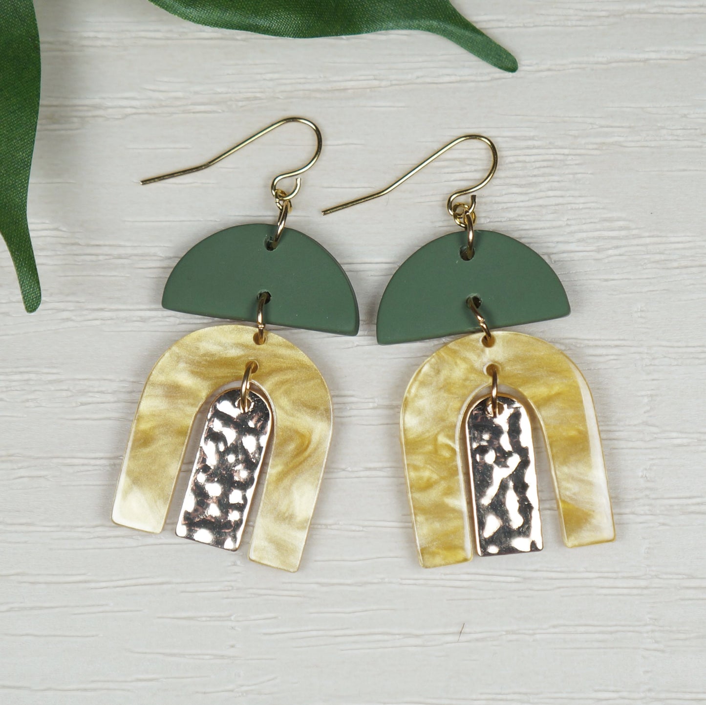 Gold and Green Acrylic Boho Statement Earrings, 18K Gold Ear Wires