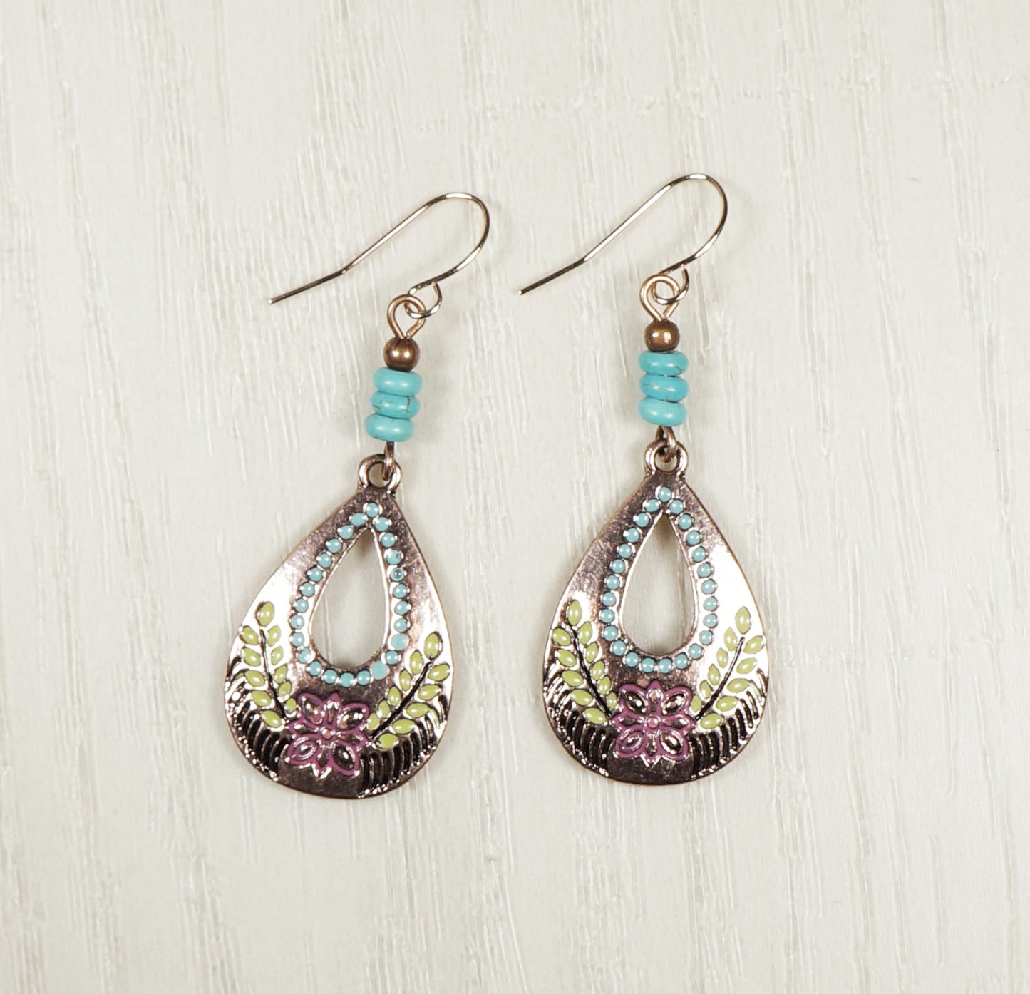 Boho Copper Flower Teardrop with Turquoise Gemstone Dangle Earrings, Hypoallergenic Rose Gold Ear Wires