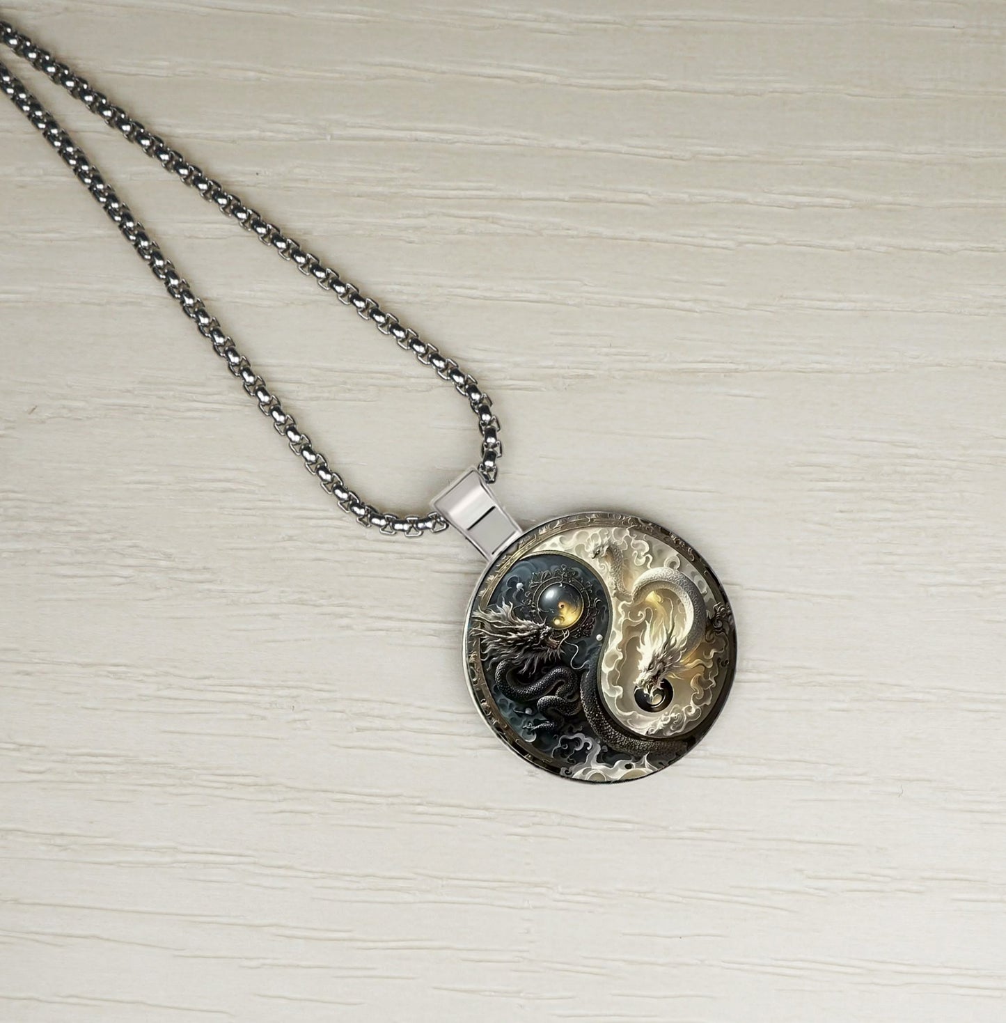 Intricate Highly Detailed 2-D Yin Yang Dragon Pendant, Stainless Steel Necklace, Length Choices