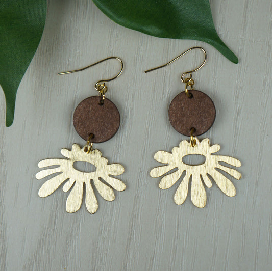 Funky Brushed Gold Abstract and Brown Wood Dangle Earrings, 18K Gold Ear Wires