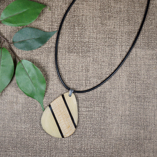 Corn Husk Inlay Teardrop Pendant and Black Leather Statement Necklace, Length Choices