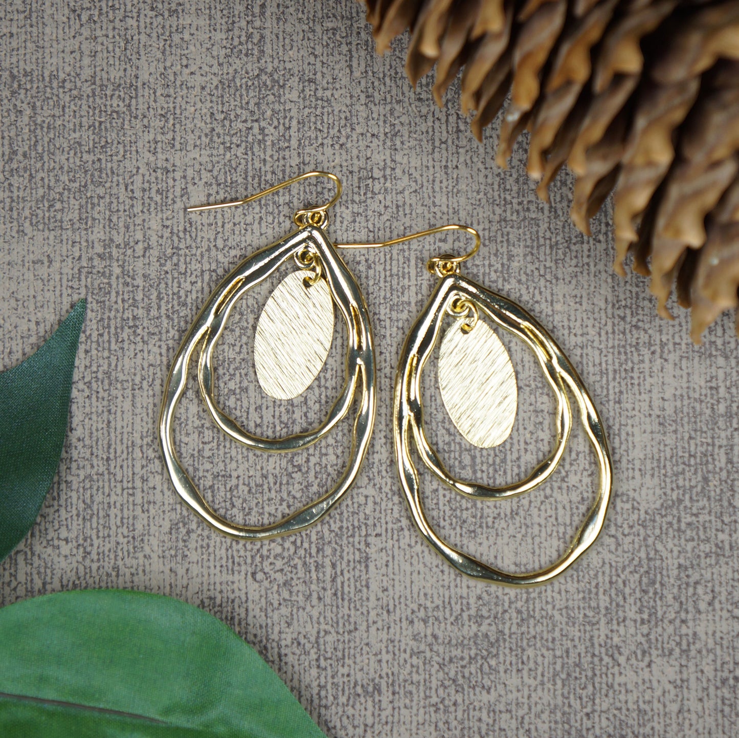 Beautiful Hammered Gold Double Teardrop Boho Statement Dangle Earrings, 18K Gold Ear Wires