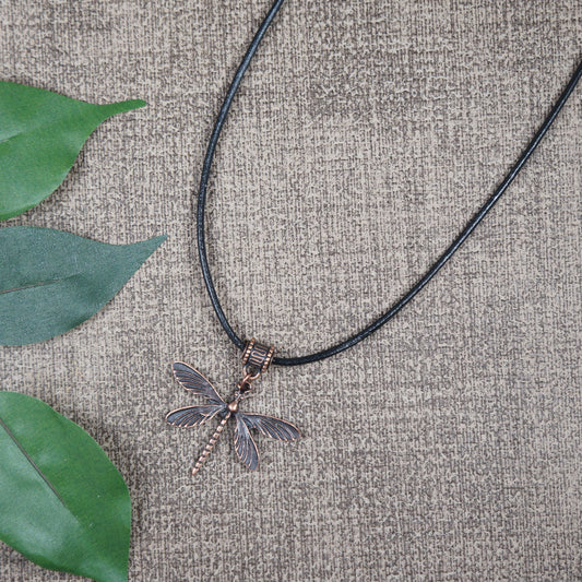Copper Dragonfly and Black Leather Cord Boho Vintage Style Necklace, Length Choice