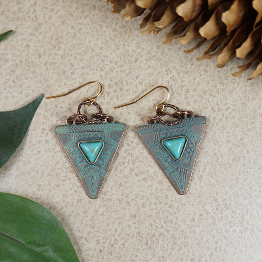 Unique Triangle Copper Patina and Turquoise Boho Dangle Earrings, Modern Minimalist Everyday Wear, 18K Gold Ear Wires