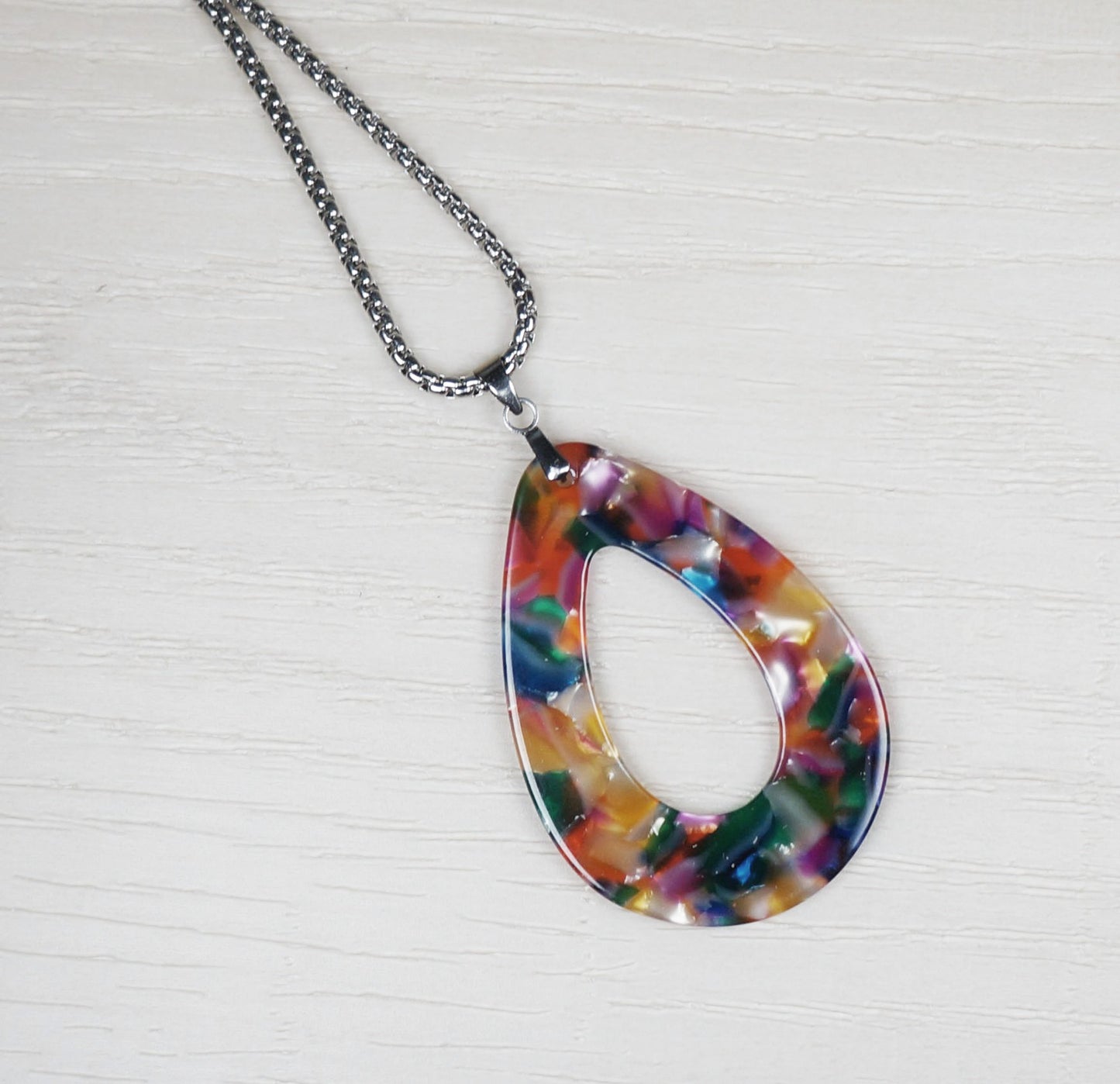 Acrylic Rainbow Teardrop Pendant, Stainless Steel Chain Necklace, Length Choices, Gift for Her