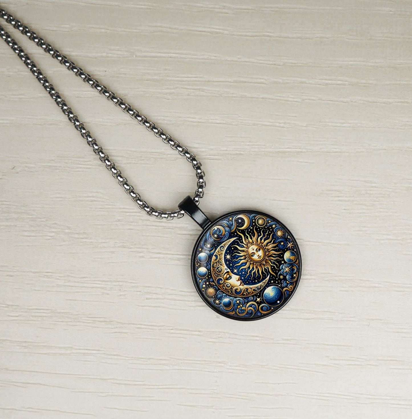 Celestial Blue Highly Detailed Sun Moon Boho Pendant, Stainless Steel Chain Necklace, Length Choices
