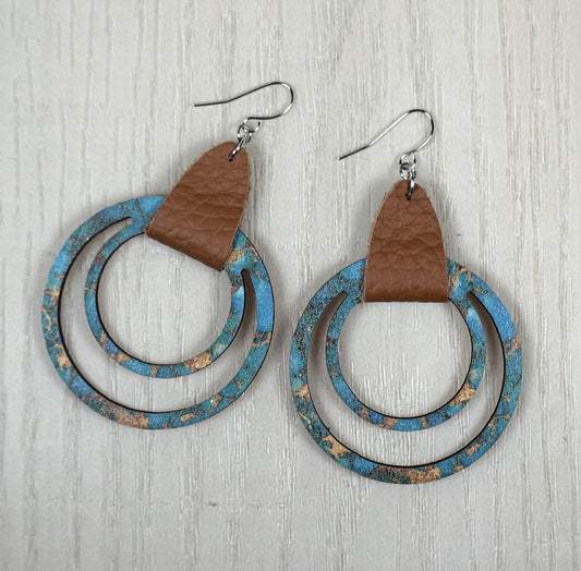 Lightweight Blue and Brown Vegan Leather Double Hoop Boho Statement Earrings, Hypoallergenic Platinum Ear Wires, Gift for Her