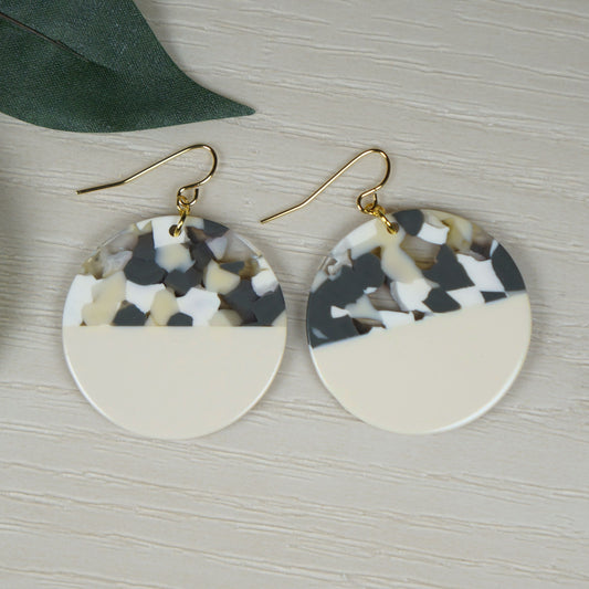 Round Off White and Grey Boho Statement Dangle Earrings, 18K Ear Wires