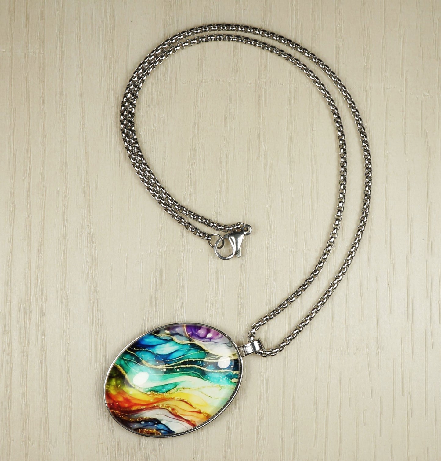 Intricate Highly Detailed Oval Colorful Rainbow Pendant, Stainless Steel Necklace, Length Choices