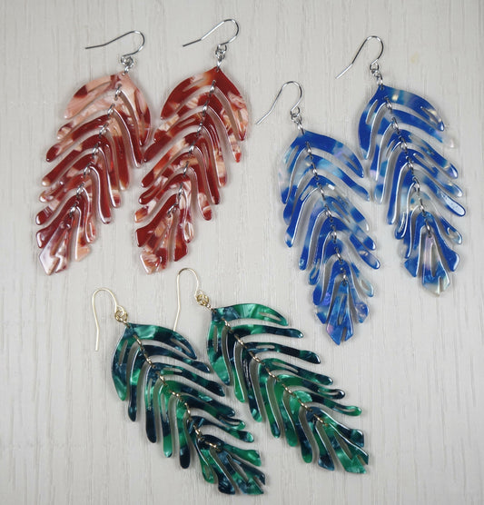 Large Vibrant Acrylic Leaf Statement Earrings, Hypoallergenic, Color Choices