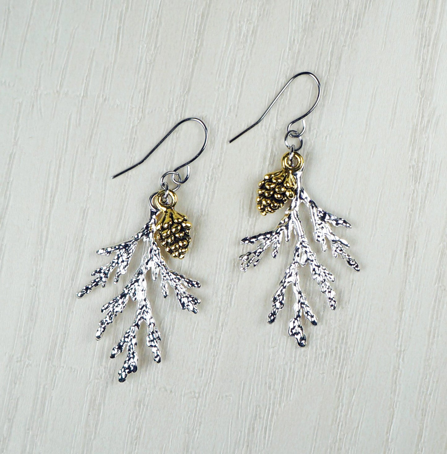 Gold Pinecone and Silver Branch Earrings, Hypoallergenic Platinum Ear Wires, Gift for Her