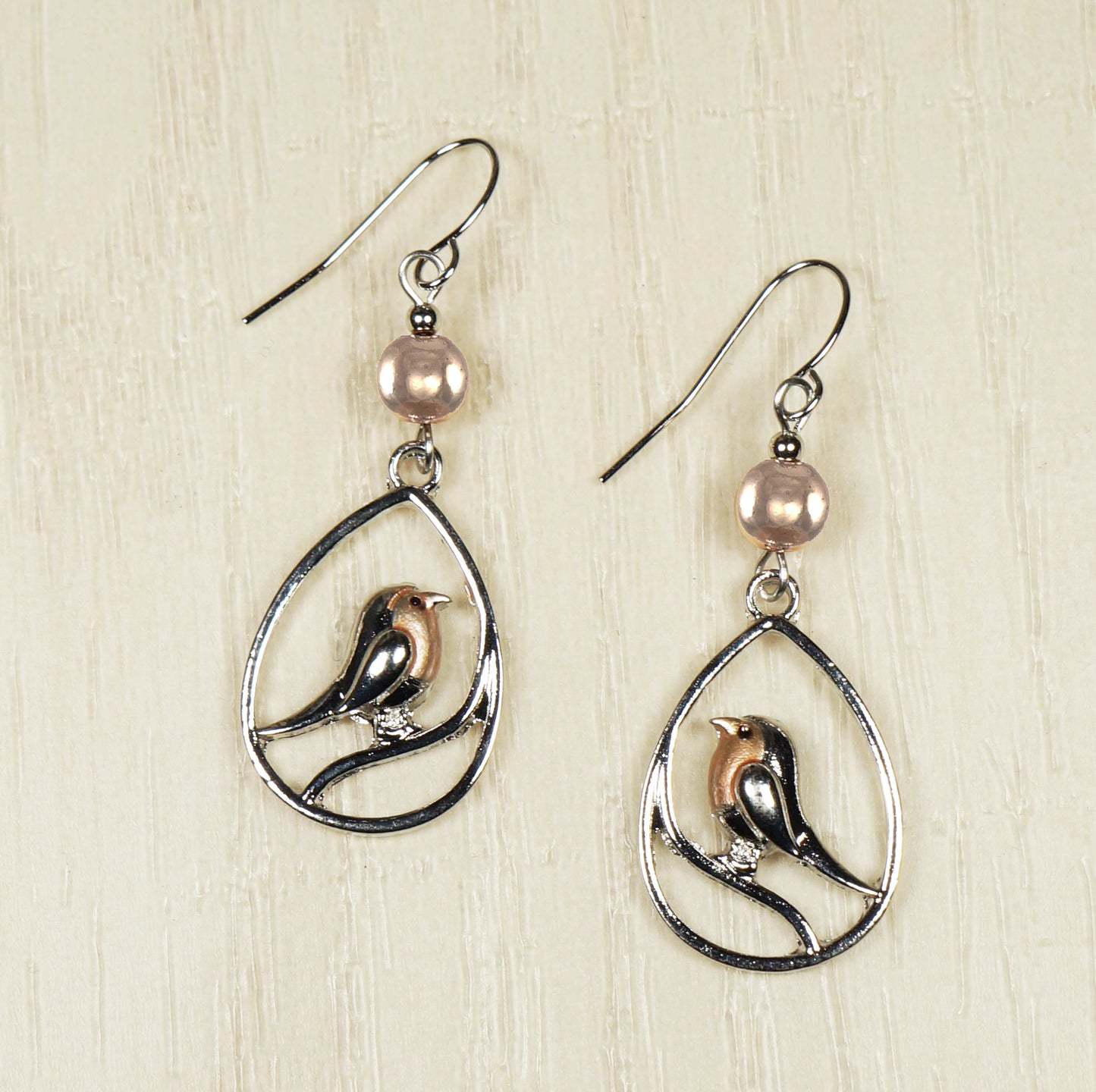 Silver Bird Branch Teardrop and Rose Gold Minimalist Beaded Dangle Earrings, Platinum Ear Wires