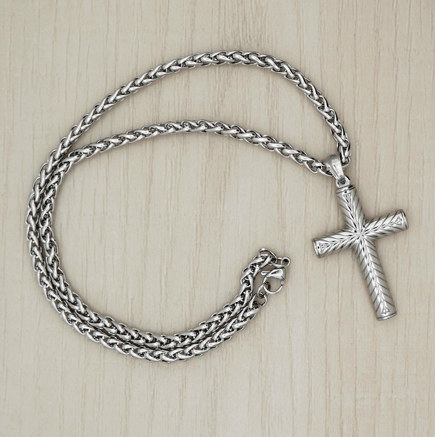 Masculine Silver Cross Statement Pendant Necklace, Bold Thick Solid Stainless Steel Wheat Chain, 20 Inch, Gift for Him