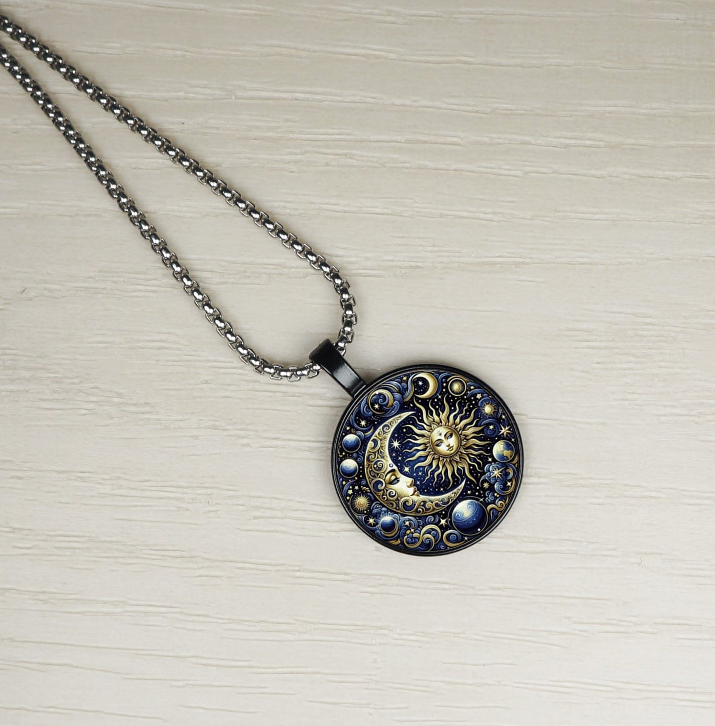 Celestial Blue Highly Detailed Sun Moon Boho Pendant, Stainless Steel Chain Necklace, Length Choices