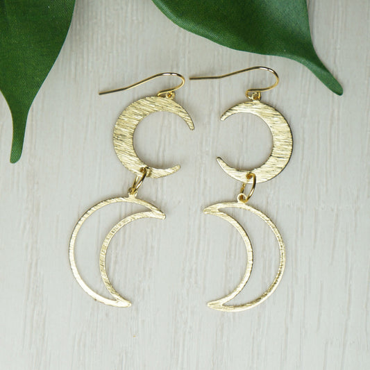 Celestial Brushed Gold Double Moon Dangle Earrings, 18K Gold Ear Wires