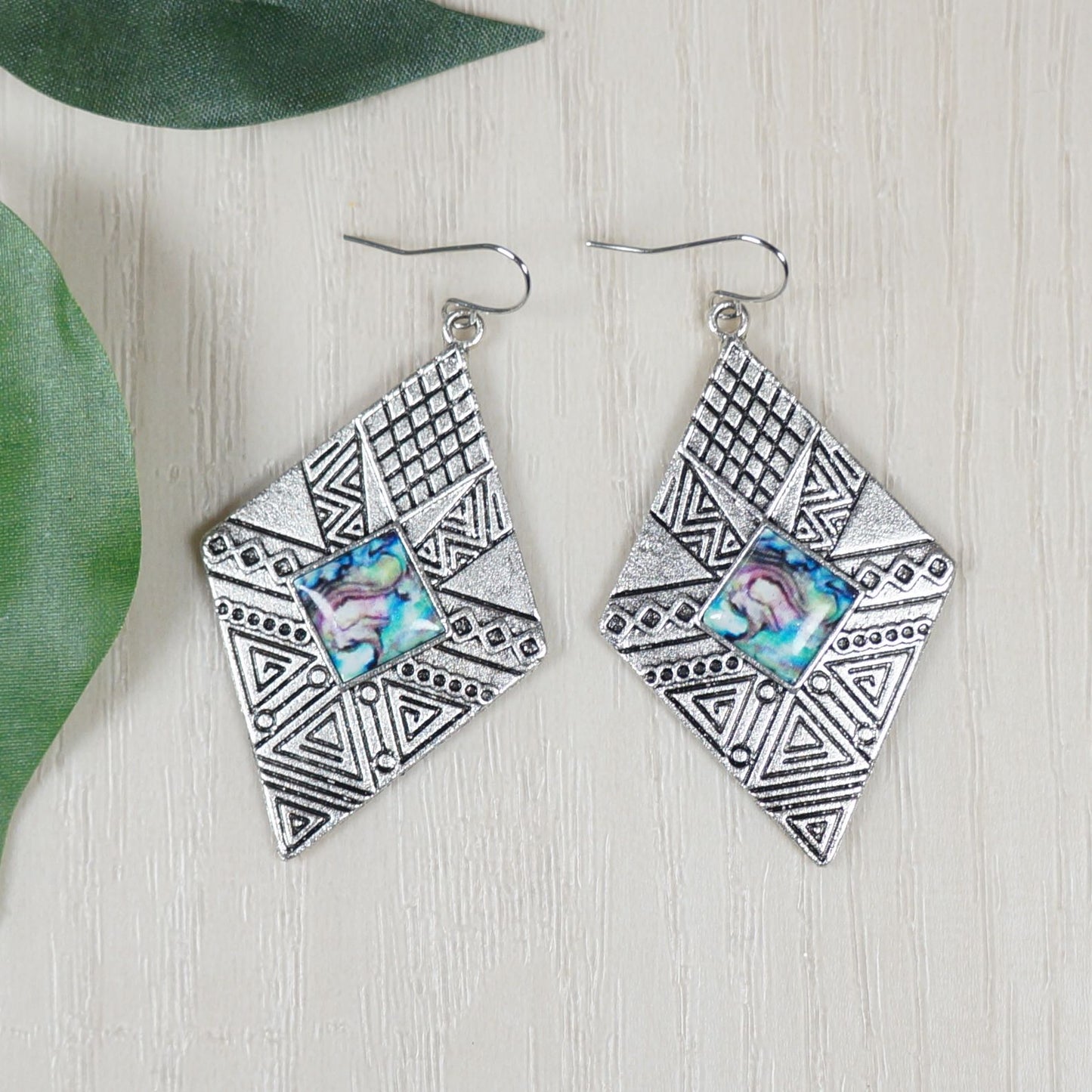 Aztec Inspired Silver Diamond Shape Blue Inlay Statement Earrings, Platinum Ear Wires