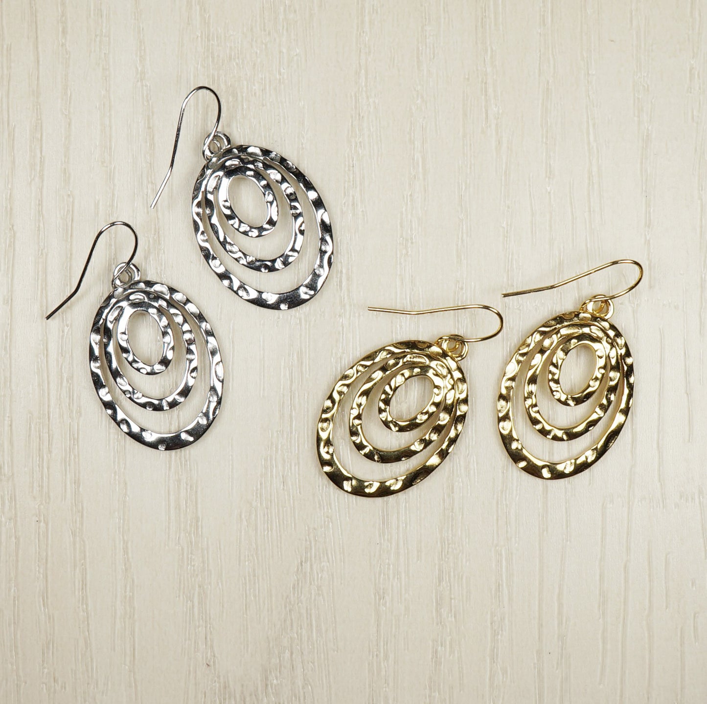Gold or Silver Triple Hammered Hoop Minimalist Boho Dangle Earrings, Hypoallergenic Ear Wires