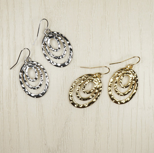 Gold or Silver Triple Hammered Hoop Minimalist Boho Dangle Earrings, Hypoallergenic Ear Wires
