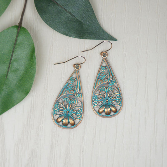 Copper Patina Flower Teardrop Earrings, Rose Gold Ear Wires