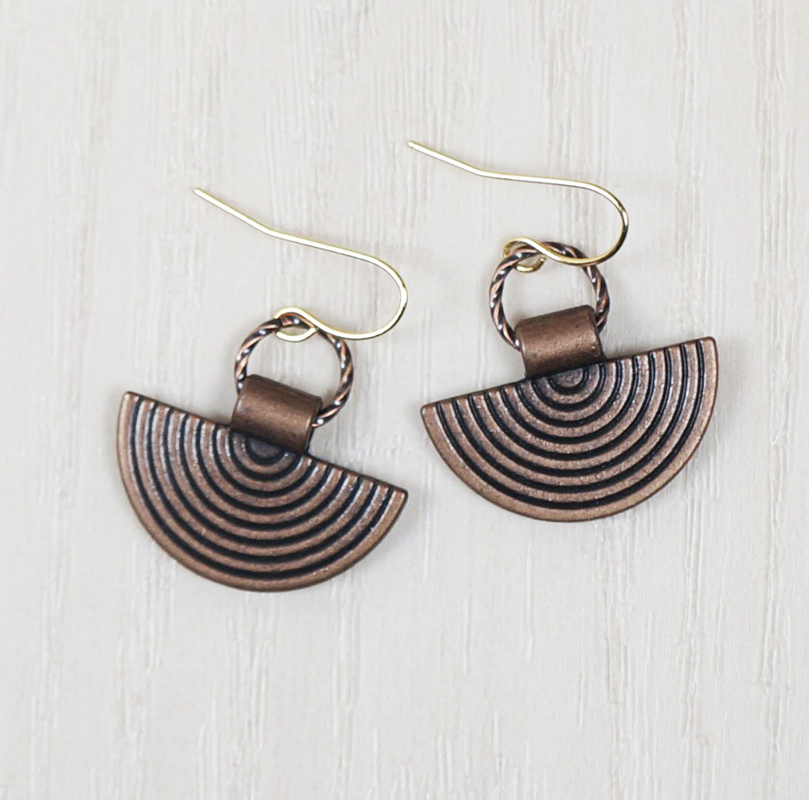 Cute Copper Fan Drop and Twisted Copper Ring Everyday Minimalist Earrings, Hypoallergenic 18K Gold Ear Wires