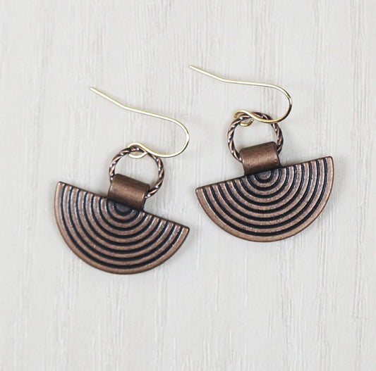 Cute Copper Fan Drop and Twisted Copper Ring Everyday Minimalist Earrings, Hypoallergenic 18K Gold Ear Wires
