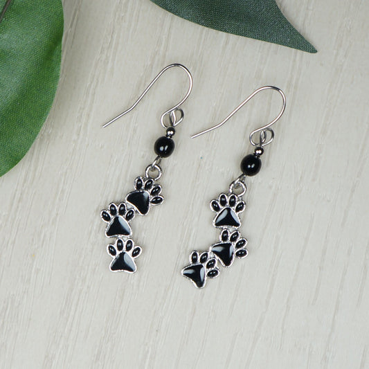 Dainty Dog or Cat Black Paw Print Dangle Beaded Earrings, Platinum Ear Wires