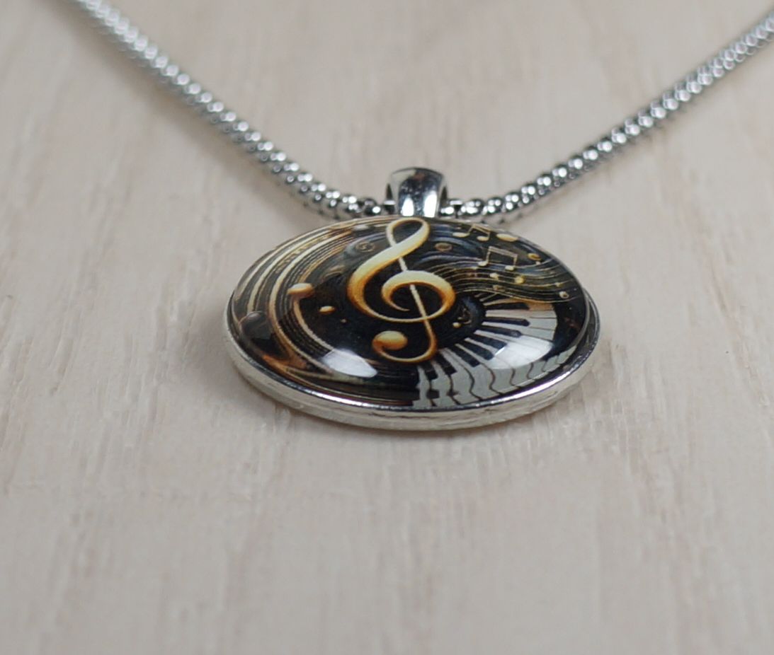 Intricate Highly Detailed 2-D Treble Clef Music Pendant, Stainless Steel Necklace, Length Choices