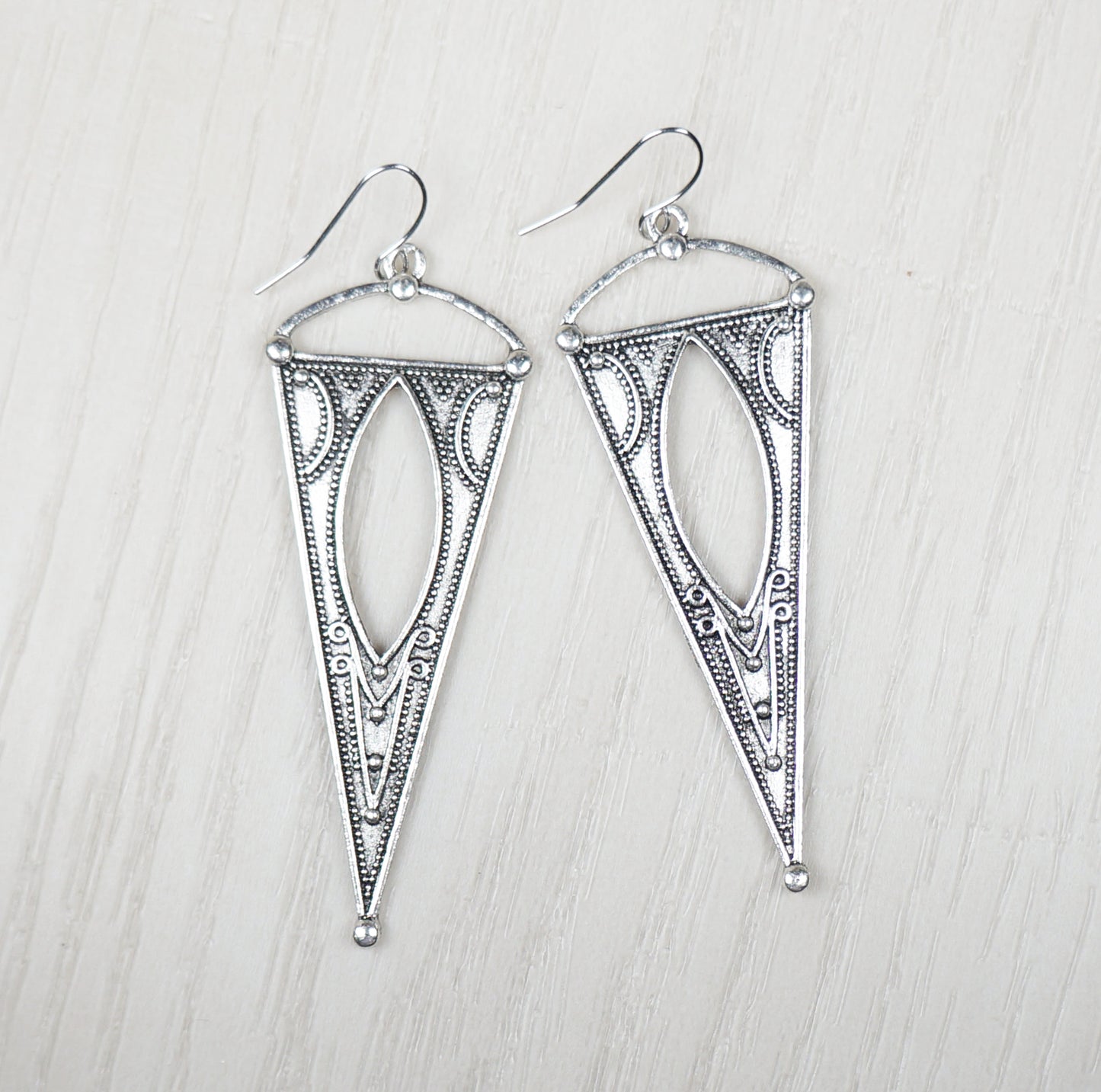 Silver Triangle Western Inspired Long Boho Statement Earrings, Hypoallergenic Platinum Ear Wires