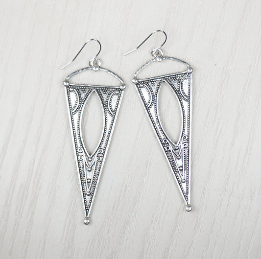 Silver Triangle Western Inspired Long Boho Statement Earrings, Hypoallergenic Platinum Ear Wires