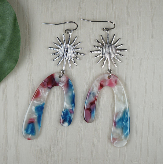 Red White & Blue Silver Starburst Sun Boho Statement Earrings, Platinum Wires