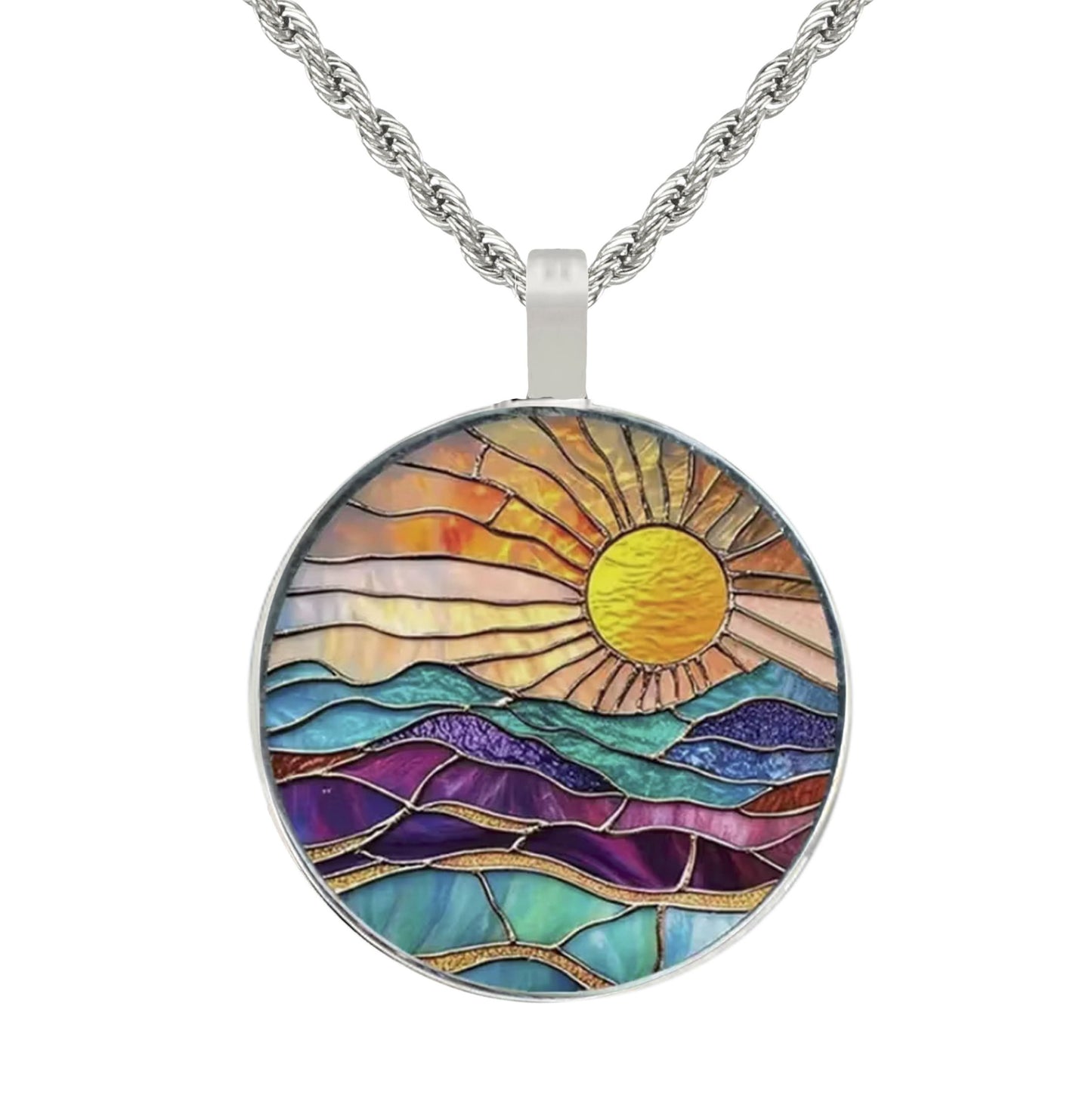 Intricate Highly Detailed Stained Glass Look Rising Setting Sun Pendant on Stainless Steel Rope Chain, 20 Inch