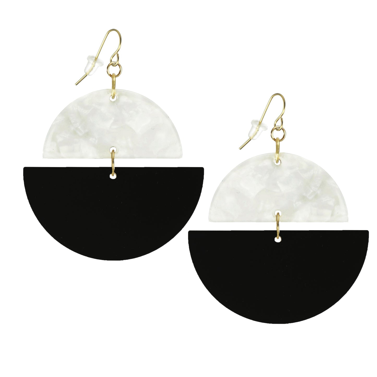 Double Half Moon Black and Colored Acrylic Boho Hoop Statement Earrings, 18K Gold Ear Wires