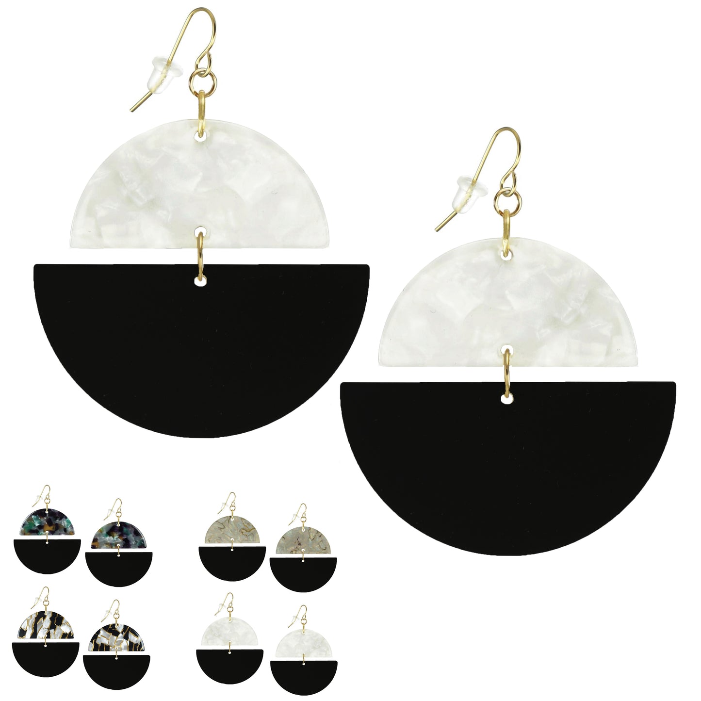 Double Half Moon Black and Colored Acrylic Boho Hoop Statement Earrings, 18K Gold Ear Wires