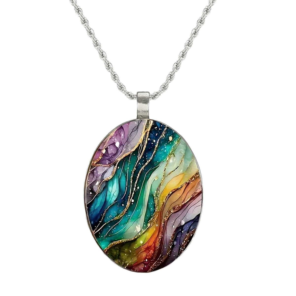 Intricate Highly Detailed Colorful Oval Rainbow Pendant, 20” Stainless Steel Rope Chain Necklace, Gift for Her
