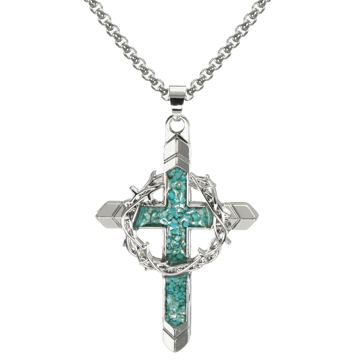 Silver Cross Pendant with Turquoise Inlay & Crown of Thorns, Stainless Steel Chain Necklace, Length Choices, Christian Faith Gift for Him or Her
