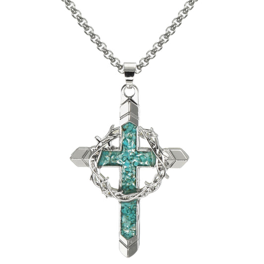 Silver Cross Pendant with Turquoise Inlay & Crown of Thorns, Stainless Steel Chain Necklace, Length Choices, Christian Faith Gift for Him or Her