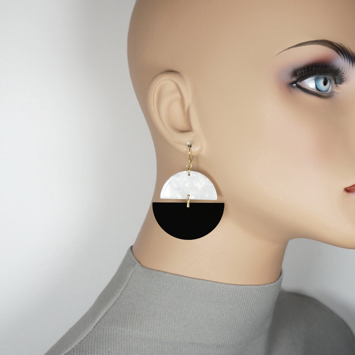 Double Half Moon Black and Colored Acrylic Boho Hoop Statement Earrings, 18K Gold Ear Wires