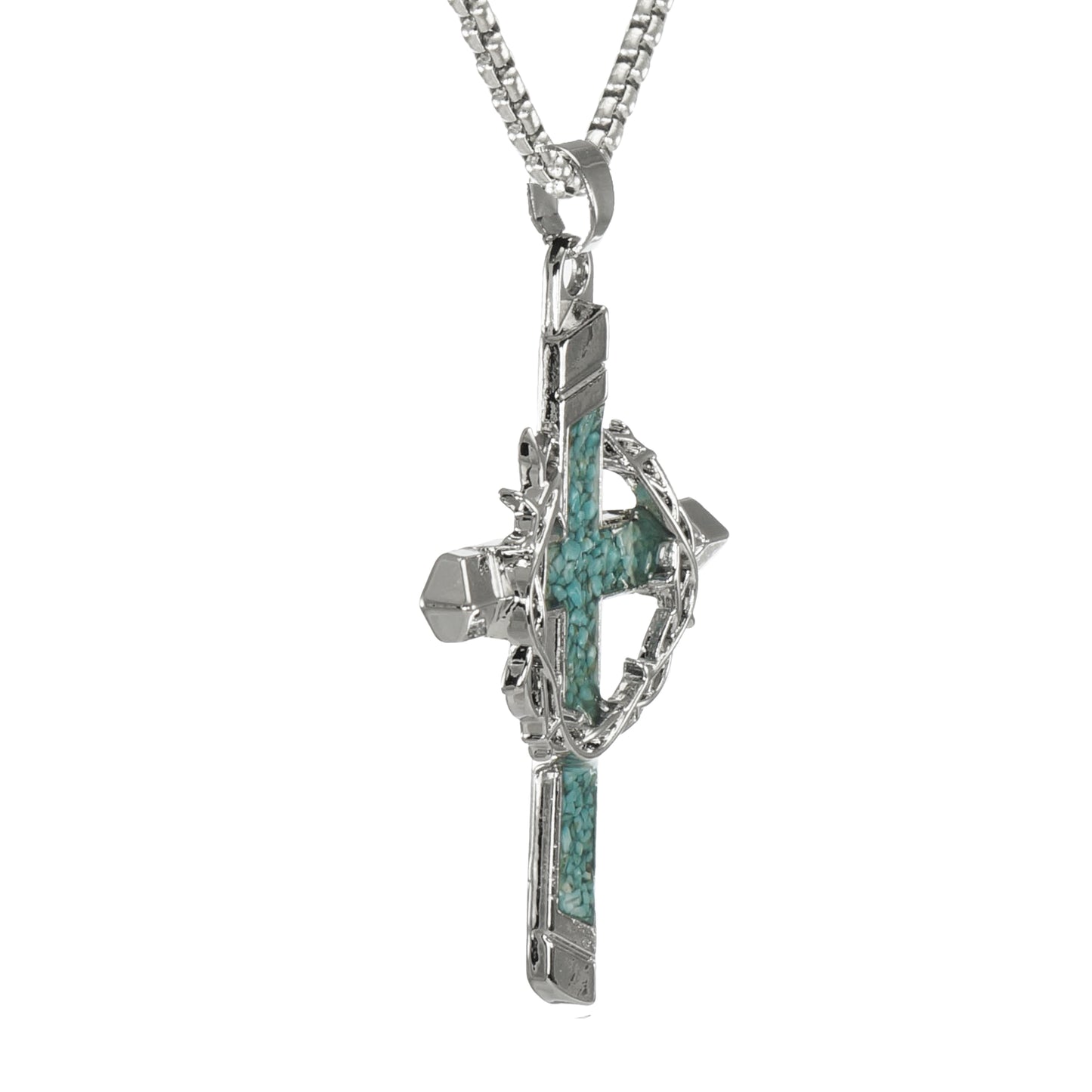 Silver Cross Pendant with Turquoise Inlay & Crown of Thorns, Stainless Steel Chain Necklace, Length Choices, Christian Faith Gift for Him or Her